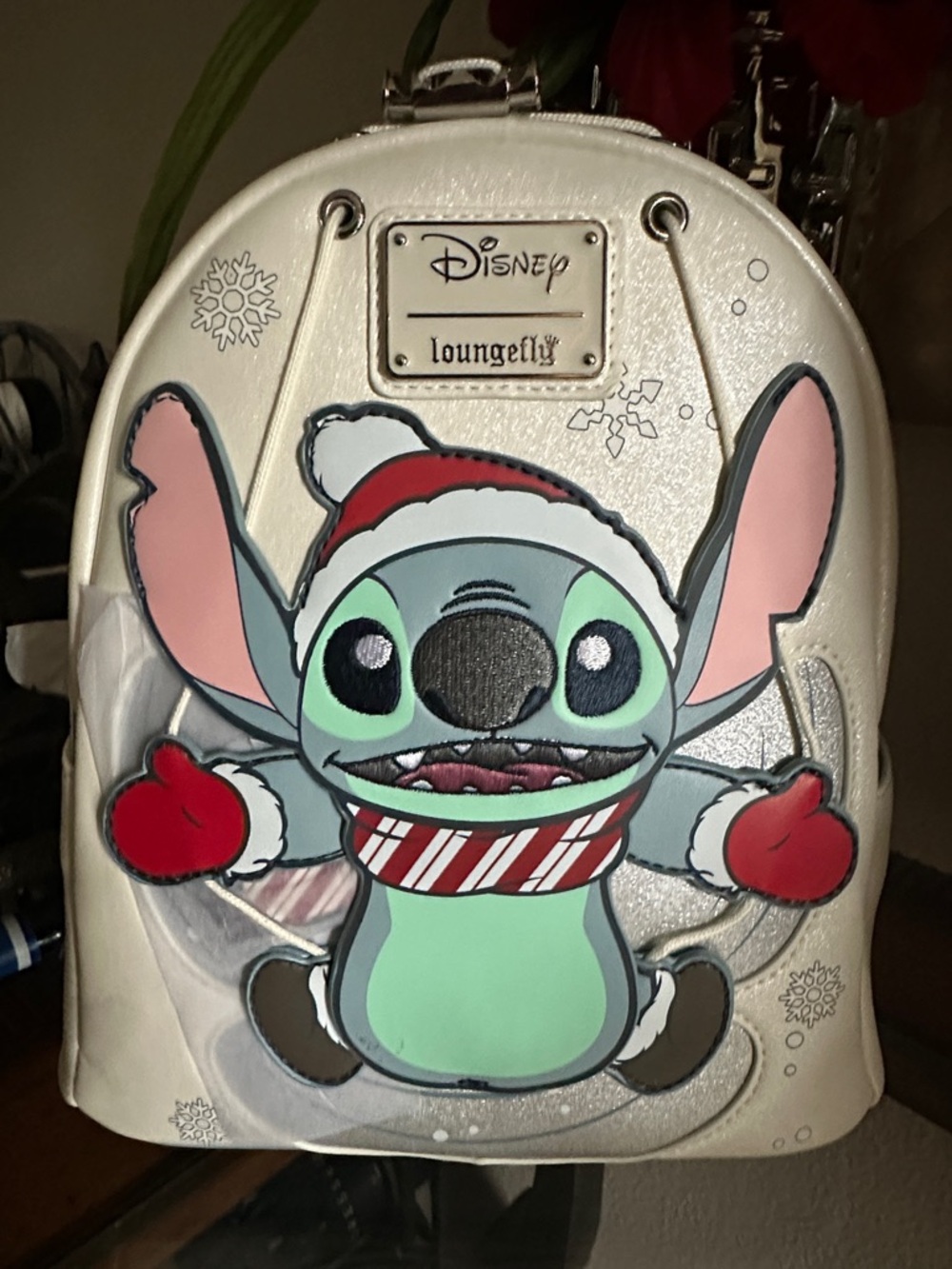 Loungefly Silver Holiday Stitch Backpack with Appliqué w/matching landyard